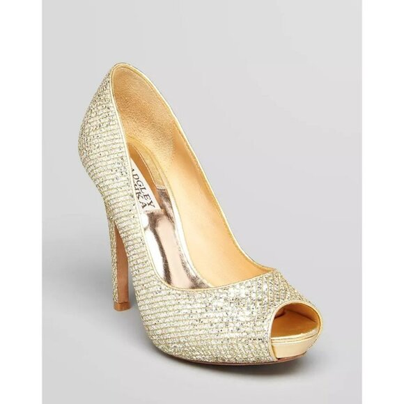 Badgely Mischka Gold Glitter Humbie II Peep Toe Platform Evening Pumps 7.5L & 8R - Picture 12 of 14